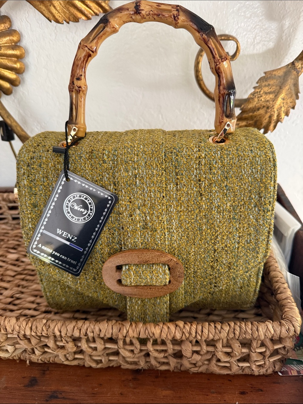 WEN Olive Tweed Mini Top-Handle Bag with Bamboo Handle
